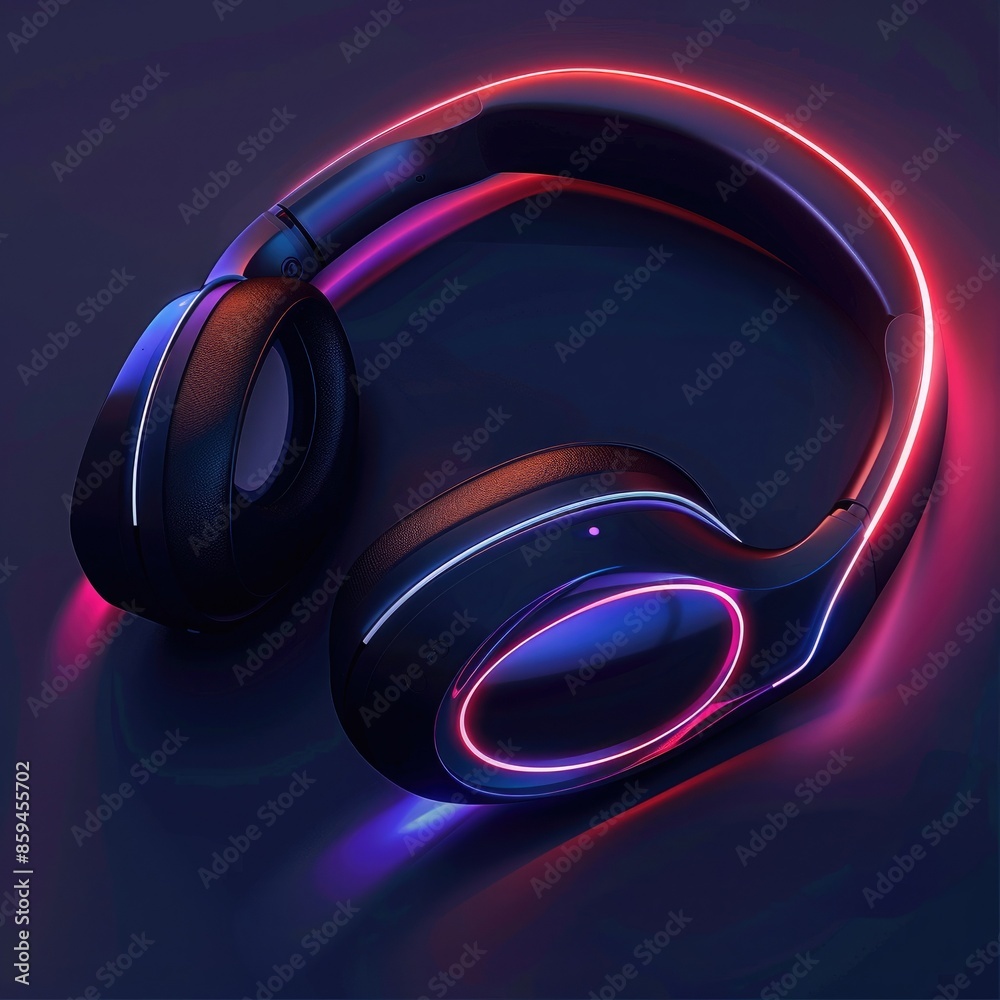 Poster a futuristic and minimalist graphic design of headphones with smooth curves and changing led lights,