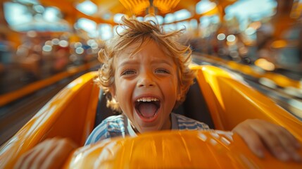 A laughing child with their mouth open wide, clinging to the bars of a ride in an amusement park, surrounded by bright yellow and orange elements and dynamic motion.
