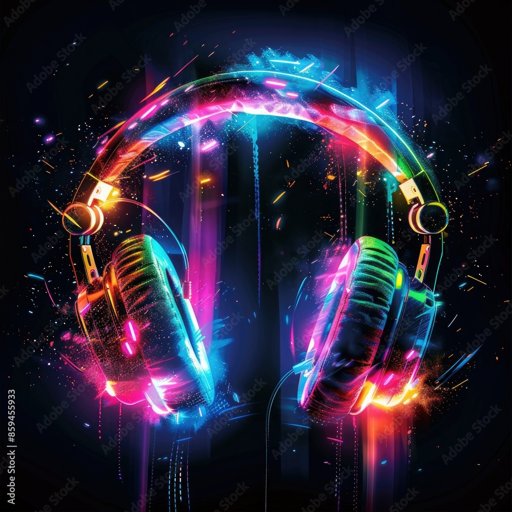 Poster an energetic design showing headphones with flashing led lights in a variety of vibrant colors, capt