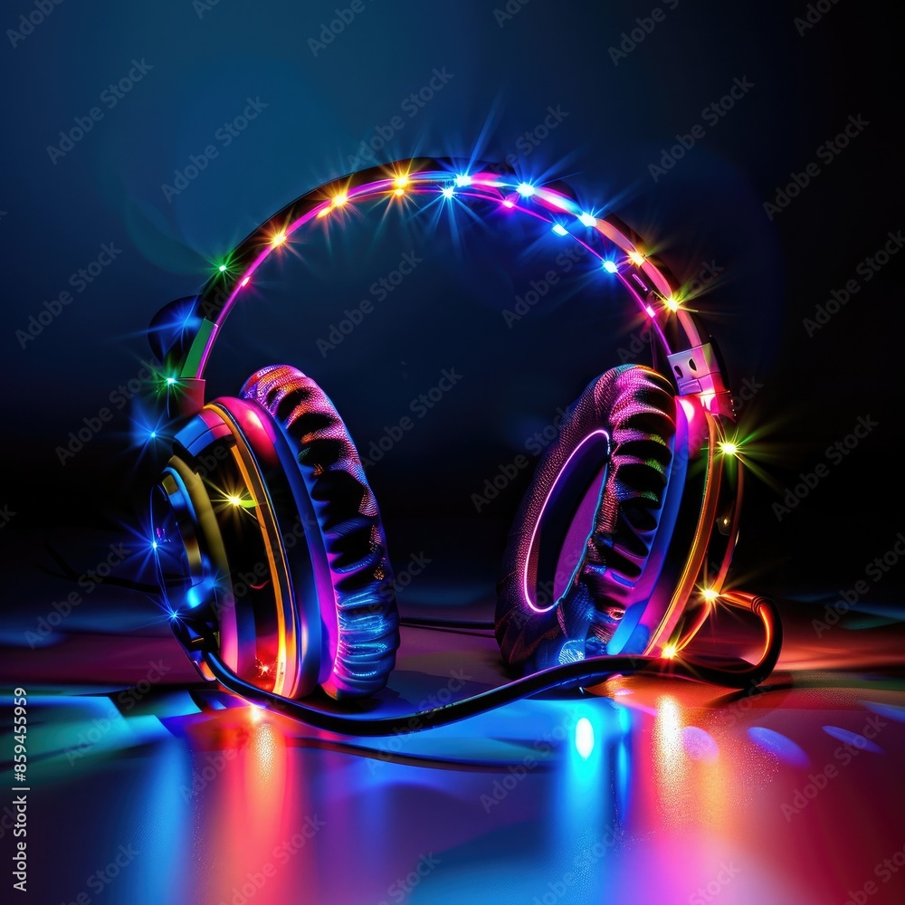 Poster an energetic design showing headphones with flashing led lights in a variety of vibrant colors, capt