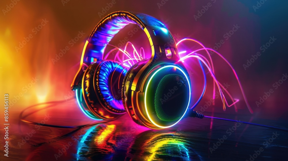 Poster an energetic design showing headphones with flashing led lights in a variety of vibrant colors, capt