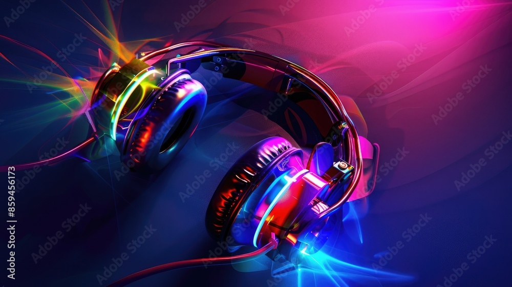 Poster an energetic design showing headphones with flashing led lights in a variety of vibrant colors, capt