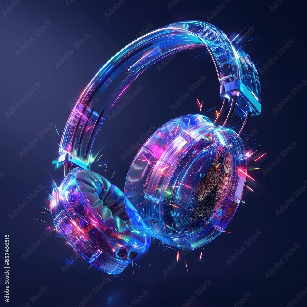 Poster an artistic rendering of headphones with a burst of colorful led lights, showcasing the fun and inno