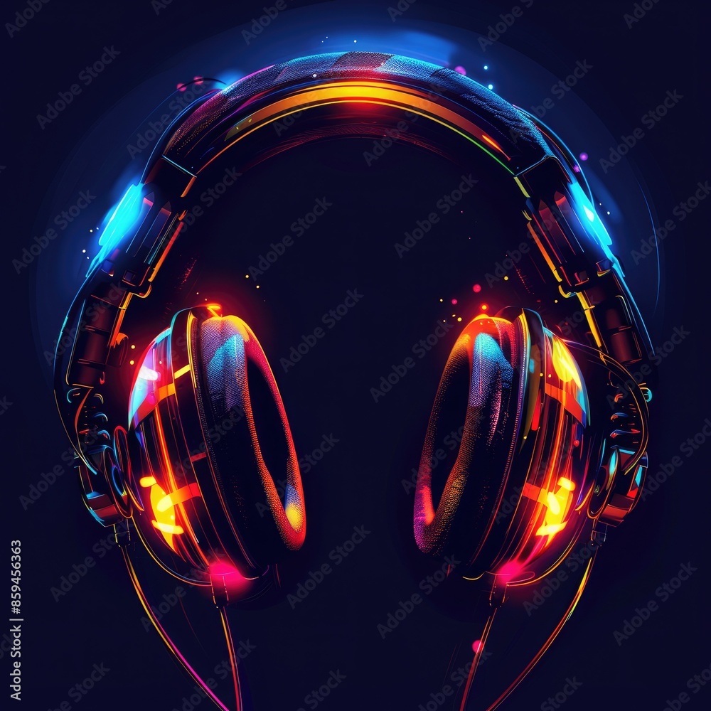 Poster a striking graphic design featuring headphones with glowing led lights in different shades, highligh