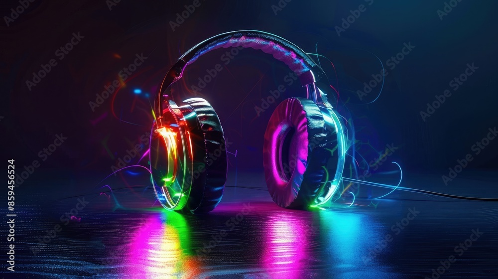 Poster an artistic rendering of headphones with vibrant, customizable led lights, emphasizing the variety o