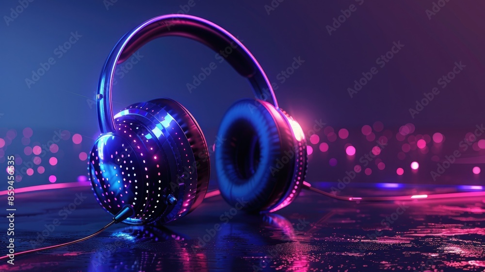 Poster A bold and dynamic graphic design of headphones with LED lights pulsating to music, demonstrating their interactive features. 