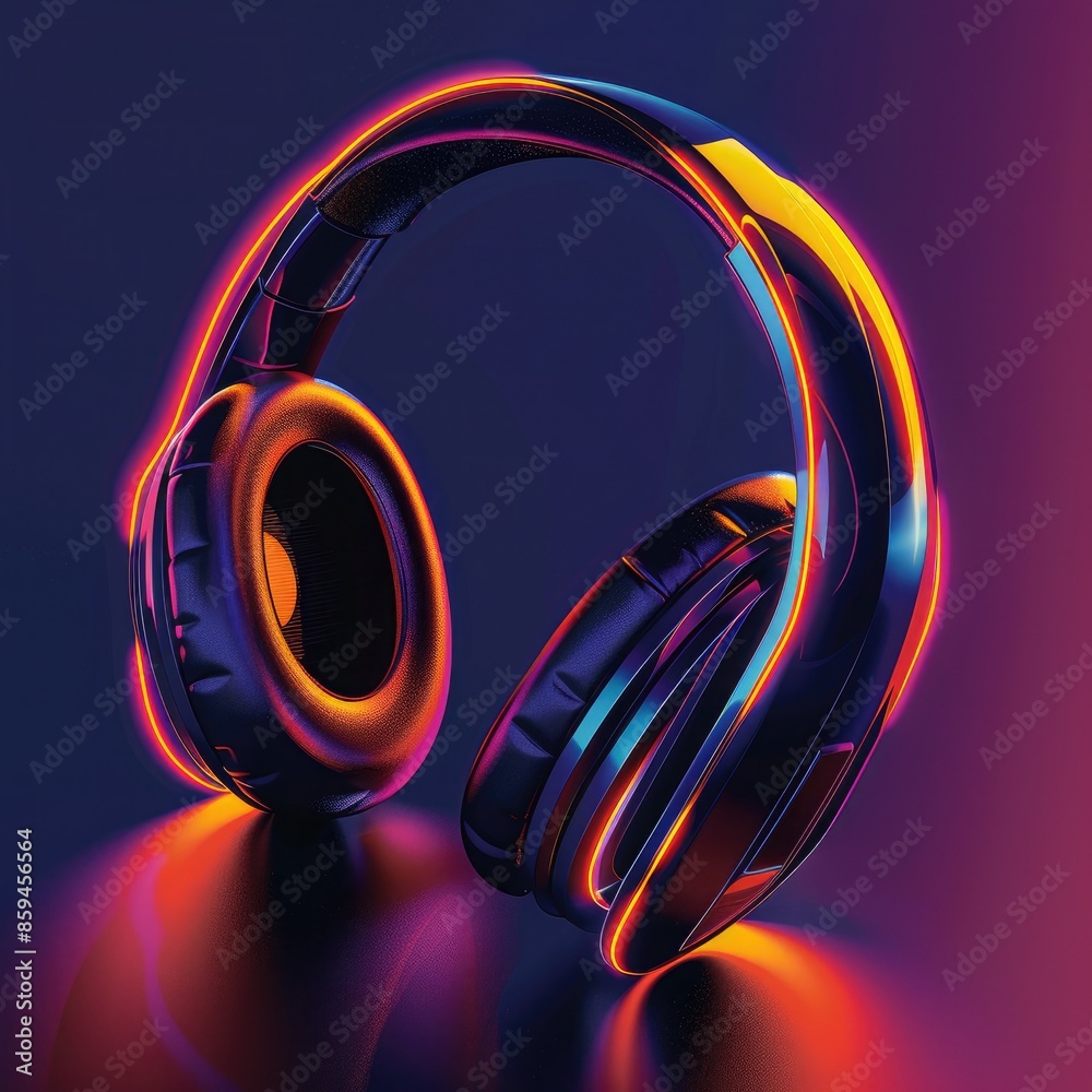 Poster A bold and dynamic graphic design of headphones with LED lights pulsating to music, demonstrating their interactive features. 