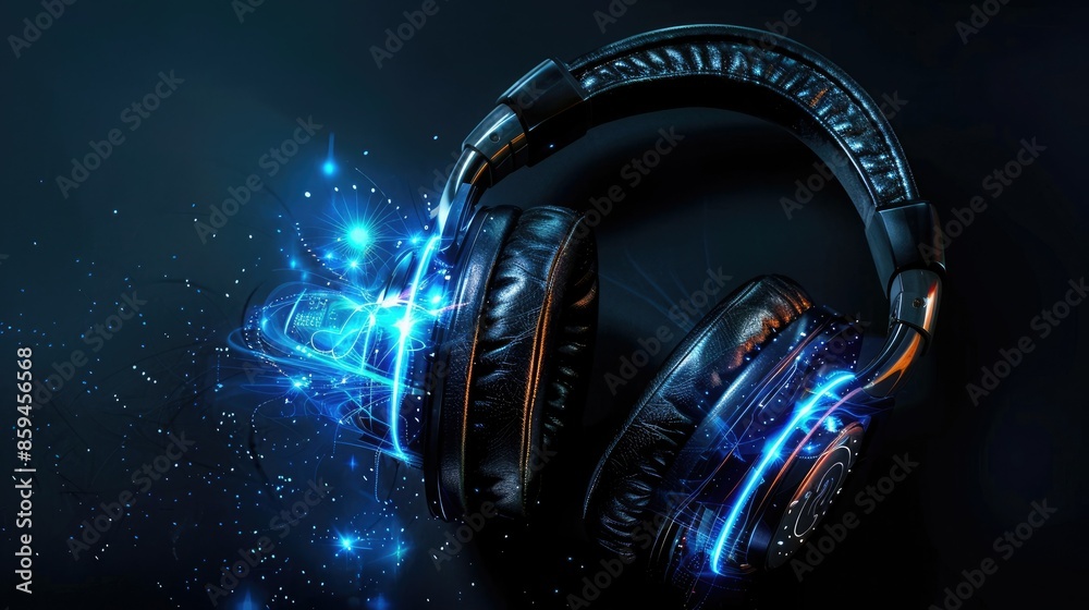 Poster A bold and dynamic graphic design of headphones with LED lights pulsating to music, demonstrating their interactive features. 