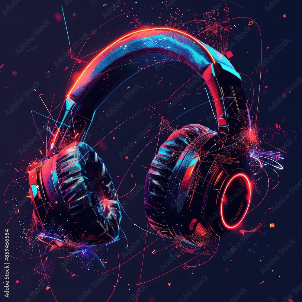 Poster A bold and dynamic graphic design of headphones with LED lights pulsating to music, demonstrating their interactive features.