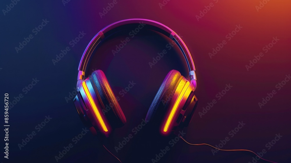 Poster a futuristic headphone design with a glowing color gradient on the ear cups, set against a dark back