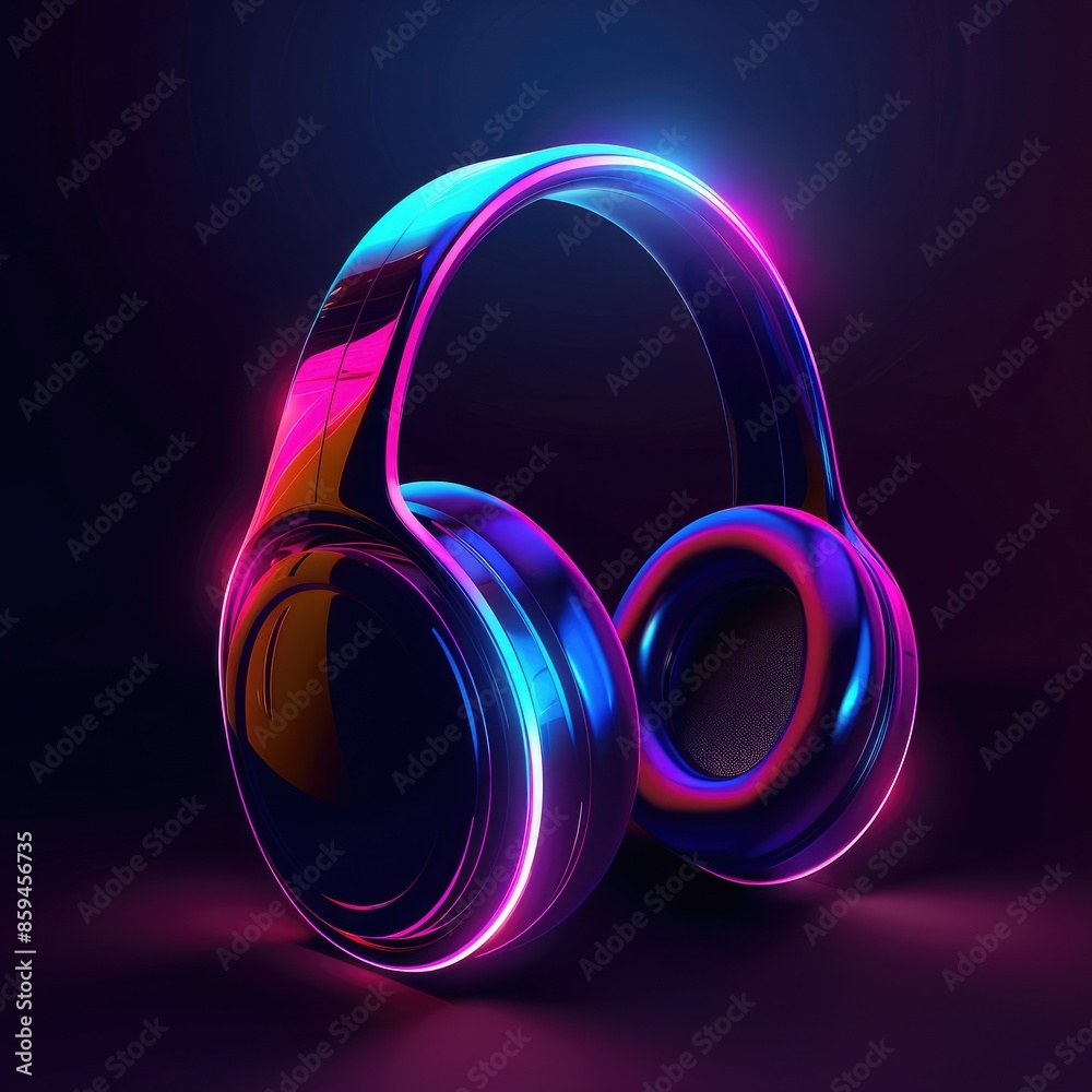 Poster a futuristic headphone design with a glowing color gradient on the ear cups, set against a dark back