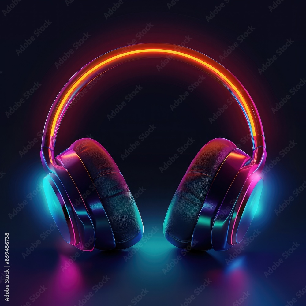 Poster a futuristic headphone design with a glowing color gradient on the ear cups, set against a dark back