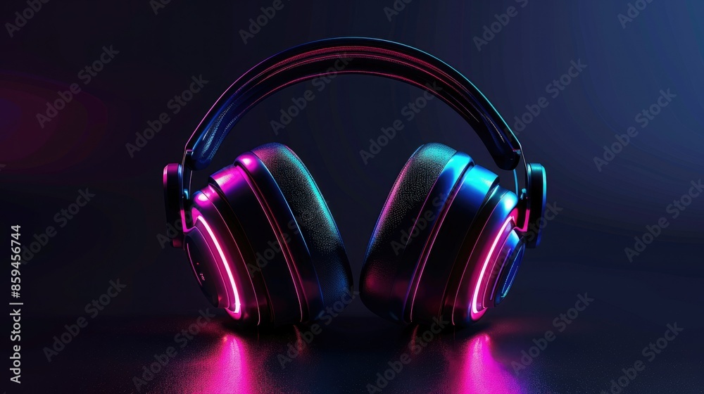 Poster a futuristic headphone design with a glowing color gradient on the ear cups, set against a dark back