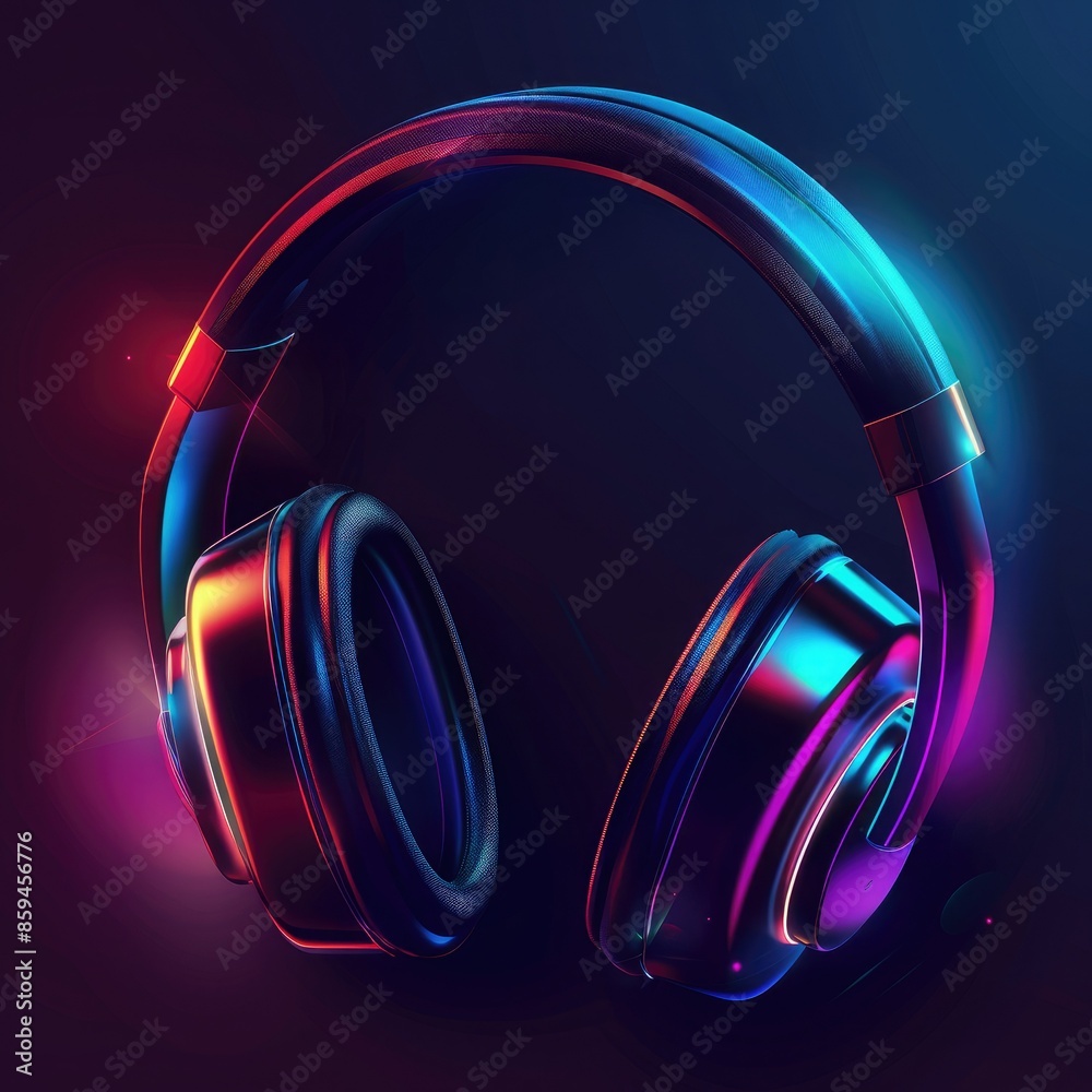 Poster a futuristic headphone design with a glowing color gradient on the ear cups, set against a dark back