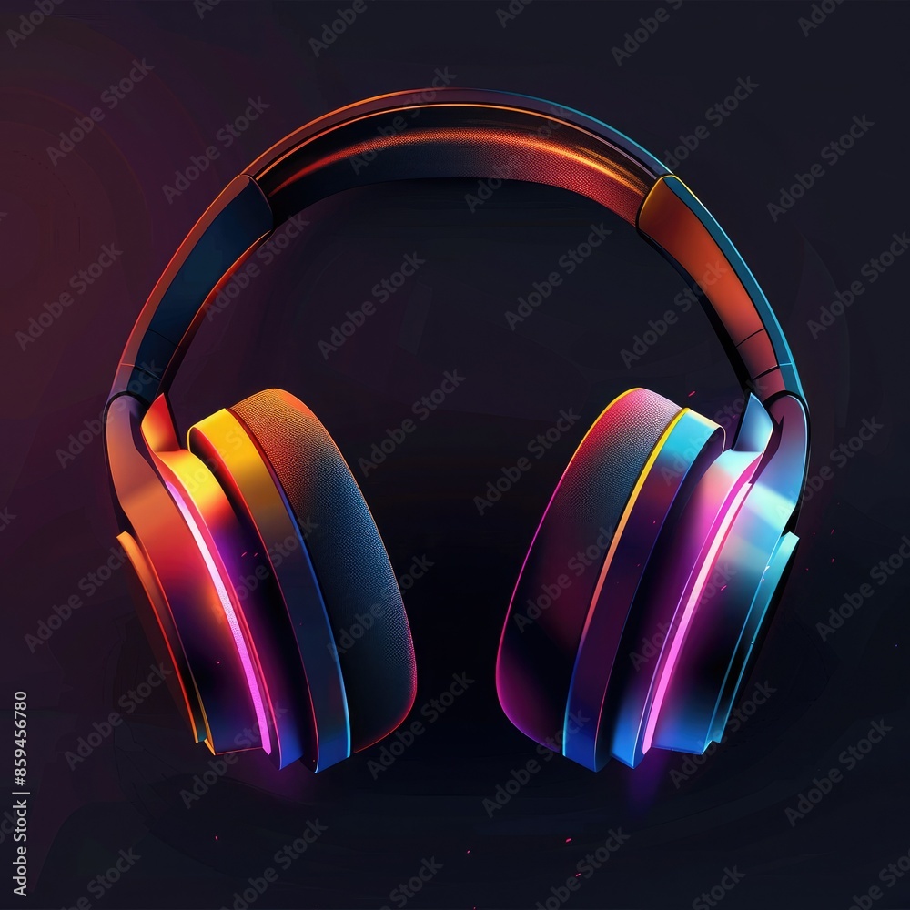 Poster a futuristic headphone design with a glowing color gradient on the ear cups, set against a dark back