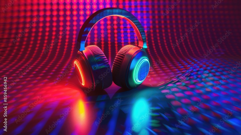 Poster A design featuring headphones with RGB LED lights, showcasing a range of colors and patterns for personalization. 