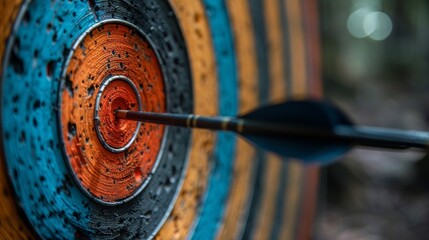 A sharp-focused image of a dart embedded in the exact center of a small, vividly colored target, symbolizing pinpoint precision, focus, and the reward of a perfect aim.