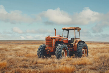 Obraz premium A rusty tractor stands alone in a field. The idea of ​​abandoned and unused equipment, the decline of agriculture, the bankruptcy of farmers