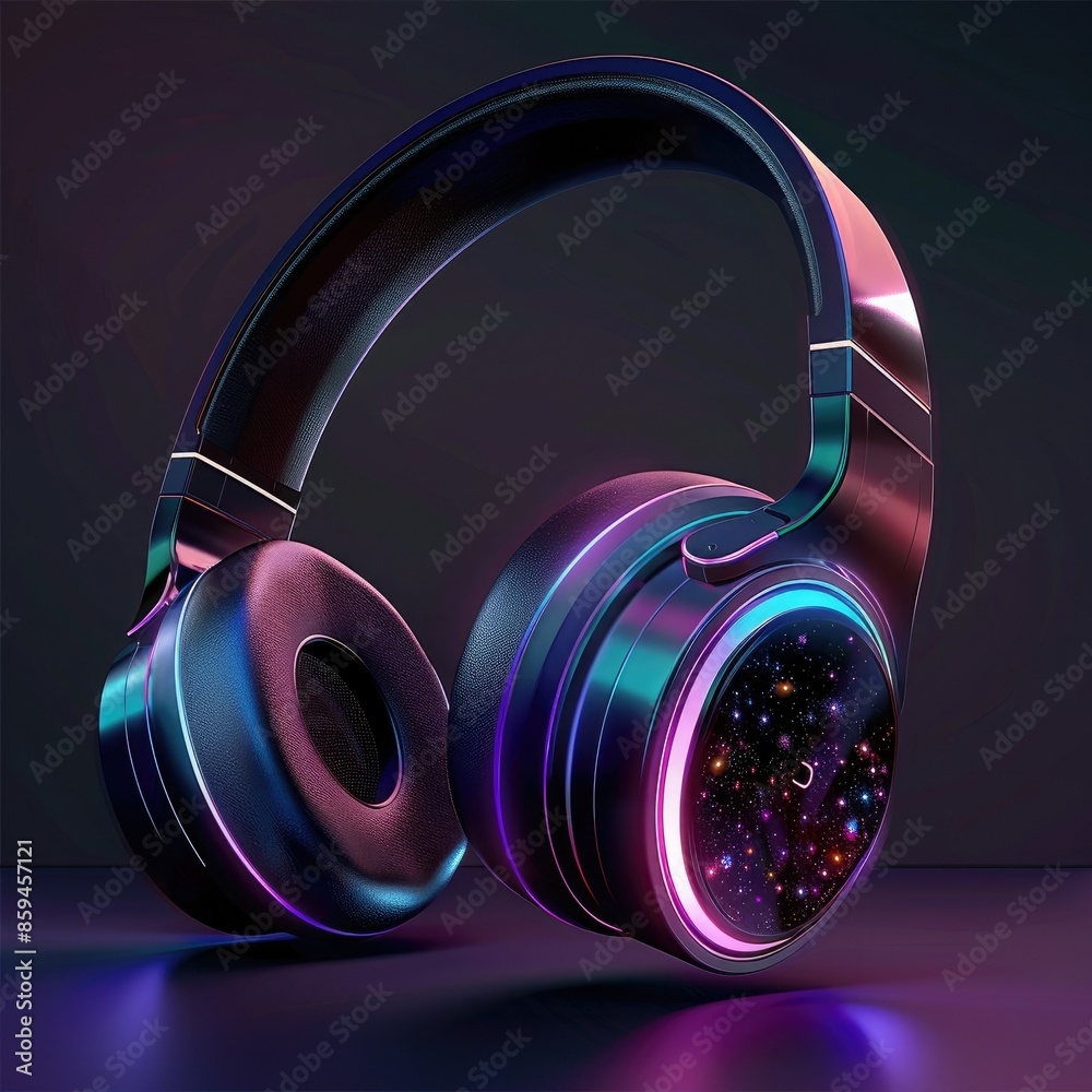 Poster A design featuring headphones with RGB LED lights, showcasing a range of colors and patterns for personalization.