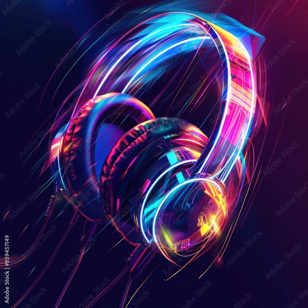 Poster a vibrant graphic design displaying headphones with color-changing led lights in a variety of bold, 