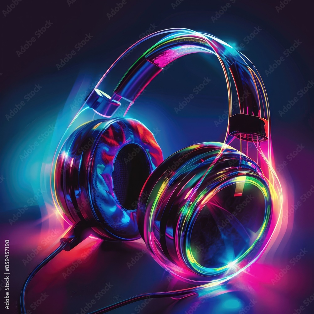 Poster a vibrant graphic design displaying headphones with color-changing led lights in a variety of bold, 