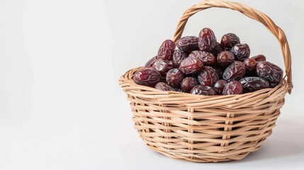 Dried Dates on wooden basket with white background and space for text Ramadan theme