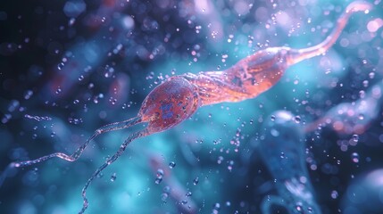 This image showcases a brightly colored microorganism in a detailed microscopic view, highlighting its intricate structure and vibrant colors against a blue background.