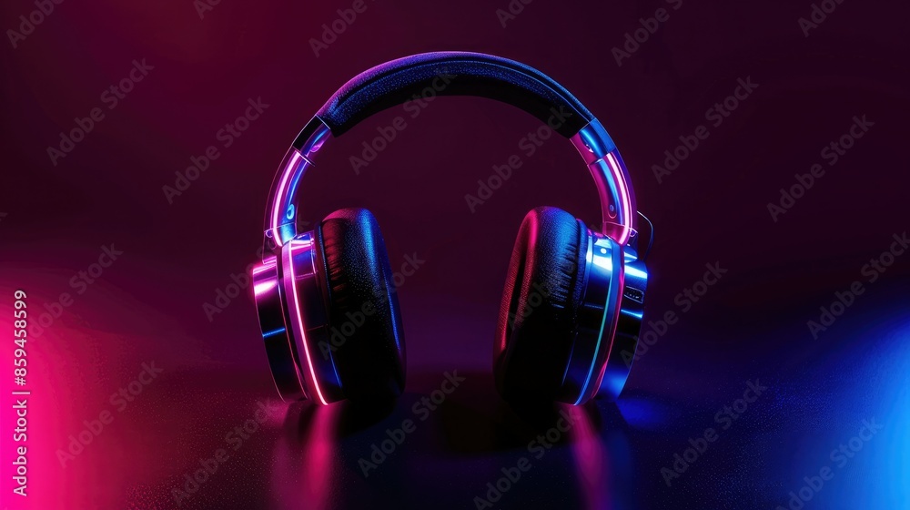 Poster a stylish graphic design showcasing a pair of headphones with color-changing led lights, with a slee