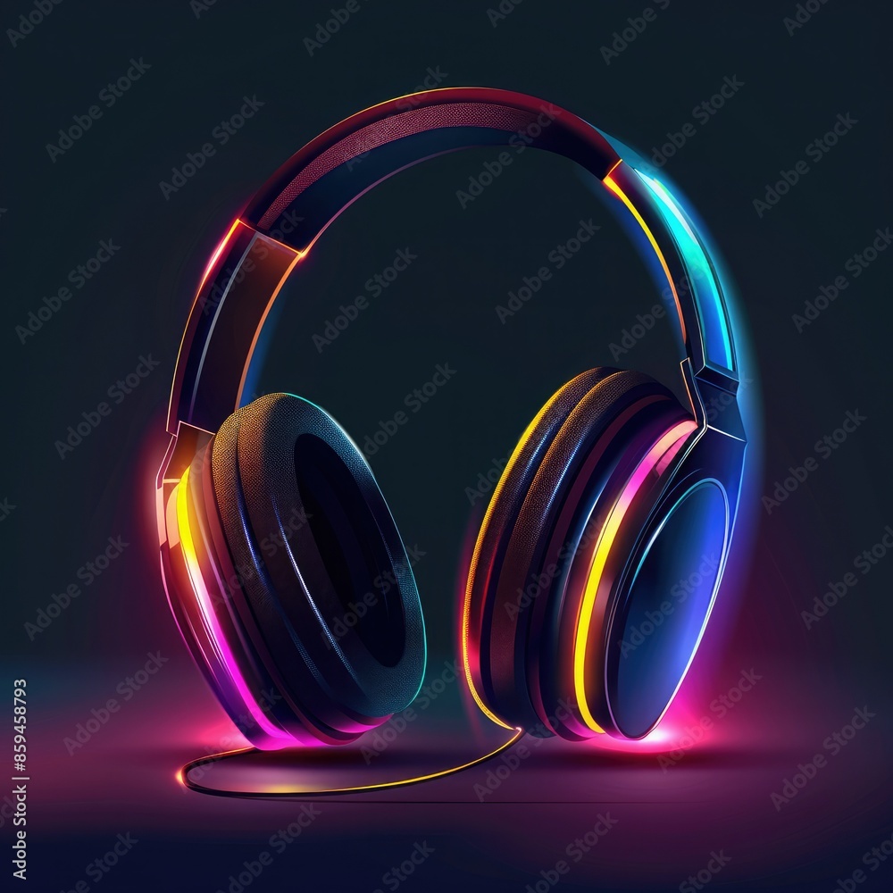 Poster a stylish graphic design showcasing a pair of headphones with color-changing led lights, with a slee
