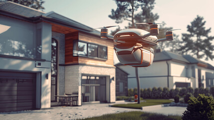 Futuristic drone delivering package to modern home