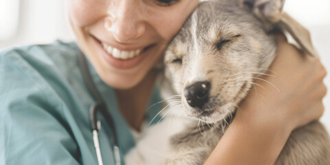 A satisfied veterinarian hugs the dog after the procedures. Dog friendly conception. For advertising and promotional materials for veterinary clinics
