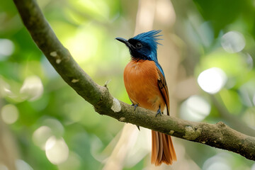 Paradise or Long-tailed Flycatcher on tree branch in forested area
