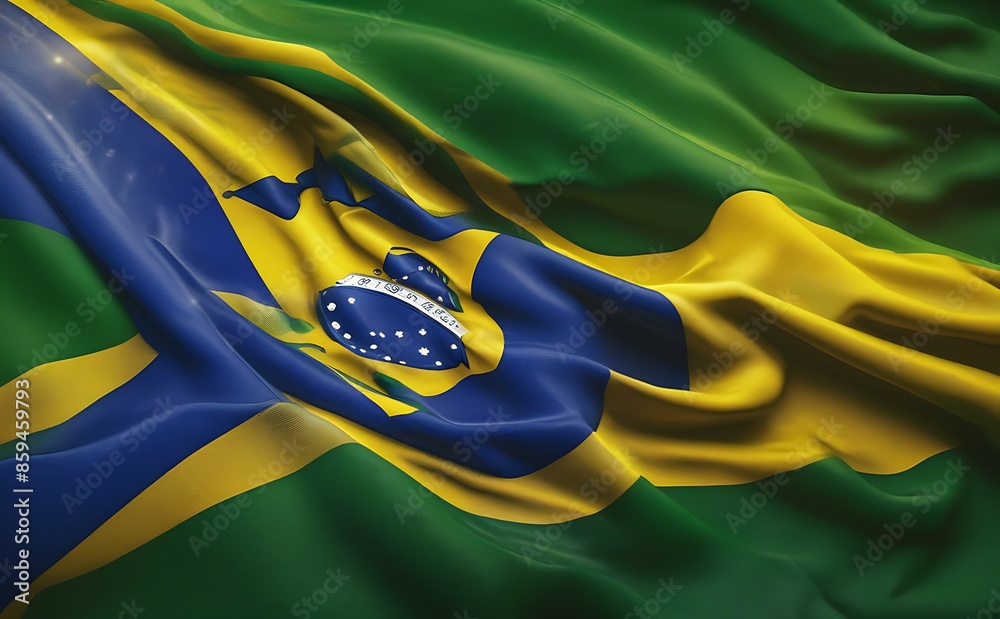 Wall mural closeup of ruffled brazil flag, fabric ruffled flag background.