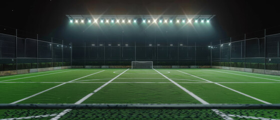 Obraz premium An empty, well-lit soccer field at night, with bright floodlights illuminating the green turf, suggesting readiness for a game.