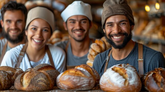 A group of four cheerful bakers in various headwear proudly presenting a variety of freshly baked bread in a cozy bakery environment, emphasizing teamwork and skillful craftsmanship.