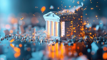 Obraz premium Broken bank building in a neon-lit futuristic cityscape