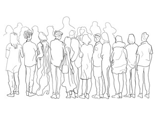 Group of people continuous one-line black ink drawing. The crowd standing and waiting on white background.  