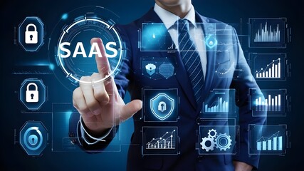 SaaS: A Businessman in a suit touching a virtual screen with a glowing "SaaS" hologram,Software as a Service, Unveils a Disruptive Approach to Disseminating Software Efficient, cloud computing, AWS