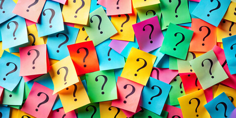 Close-up of colorful paper notes with question marks, creating a vibrant and playful background.