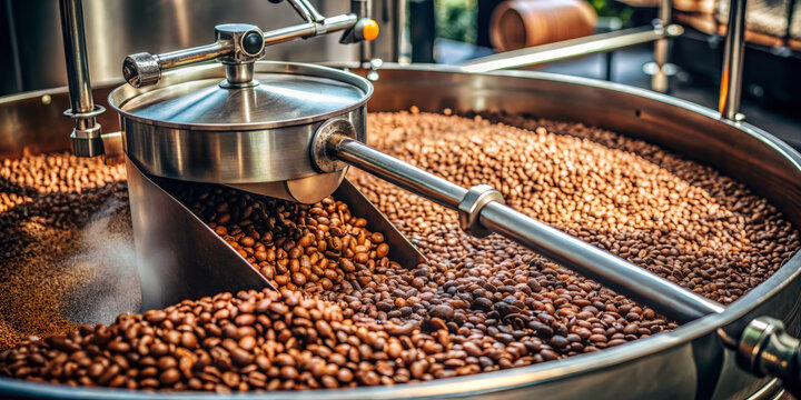 Coffee roaster machine processing coffee beans in a coffee shop, highlighting the roasting process and the preparation of fresh, aromatic coffee.