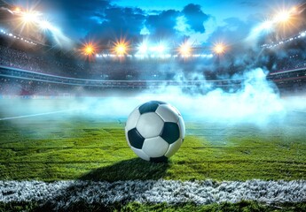 A soccer ball sits on the edge of a soccer field under the open sky