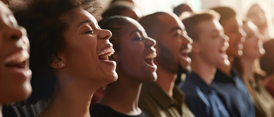 A diverse group of people singing passionately in unison, emanating joy and unity as they bask in the warm sunlight filtering through.
