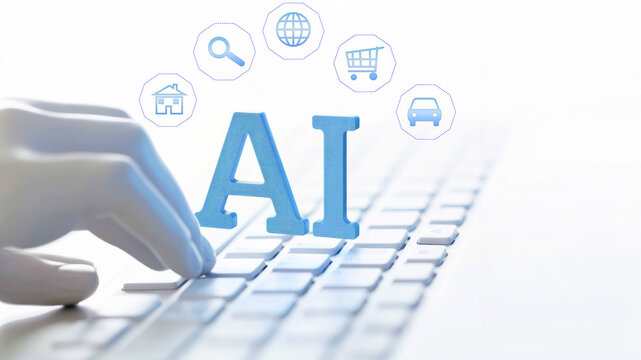 Use of artificial intelligence in shopping, automobiles, search, home and internet. A robotic hand using AI on a keyboard. Conceptual icons. White background with copy space.