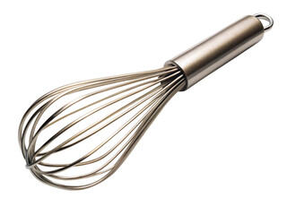 Stainless steel whisk isolated on a white background. Essential kitchen tool for mixing and whipping ingredients. Isolated on transparent background, png.