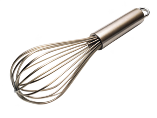 Stainless steel whisk isolated on a white background. Essential kitchen tool for mixing and whipping ingredients. Isolated on transparent background, png.