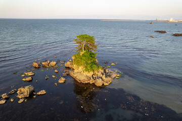 雨晴海岸・女岩と立山連峰（ドローンによる空撮）