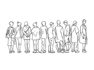 Group of people continuous one-line black ink drawing. The crowd standing and waiting on white background.  