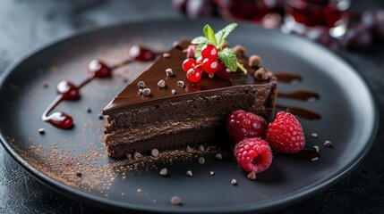 Elegant slice of chocolate cake garnished with fresh raspberries and mint leaves, drizzled with syrup, served on a black plate.