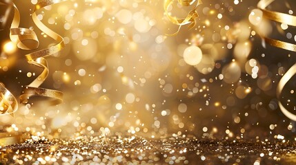Image of a sparkling gold background adorned with confetti and streamers for a New Year's Eve gala. capturing the festive and jubilant spirit of welcoming a new year.