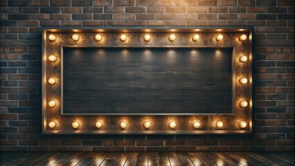 large wooden board with frame illuminated round light bulbs mounted on brick wall